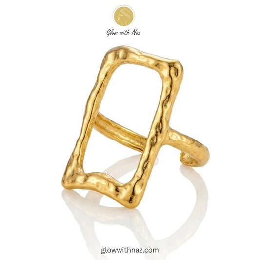 Premium Stainless Steel Hammered Rectangle Frame Ring for Girls - Premium Stainless Steel Hammered Rectangle Frame Ring for GirlsJewelryGlow With NazGlow With NazR0014R0014An elegant gold stainless steel ring featuring an open rectangle frame with a unique hammered texture. ring, girls rings, rings for girls, rings simple, simple rings, stainless steel jewelry, jewellery set, aesthetic jewelry, simple jewellery, chain, jewelry, artificial jewellery, green jewellery, girls jewellery, rings for wo