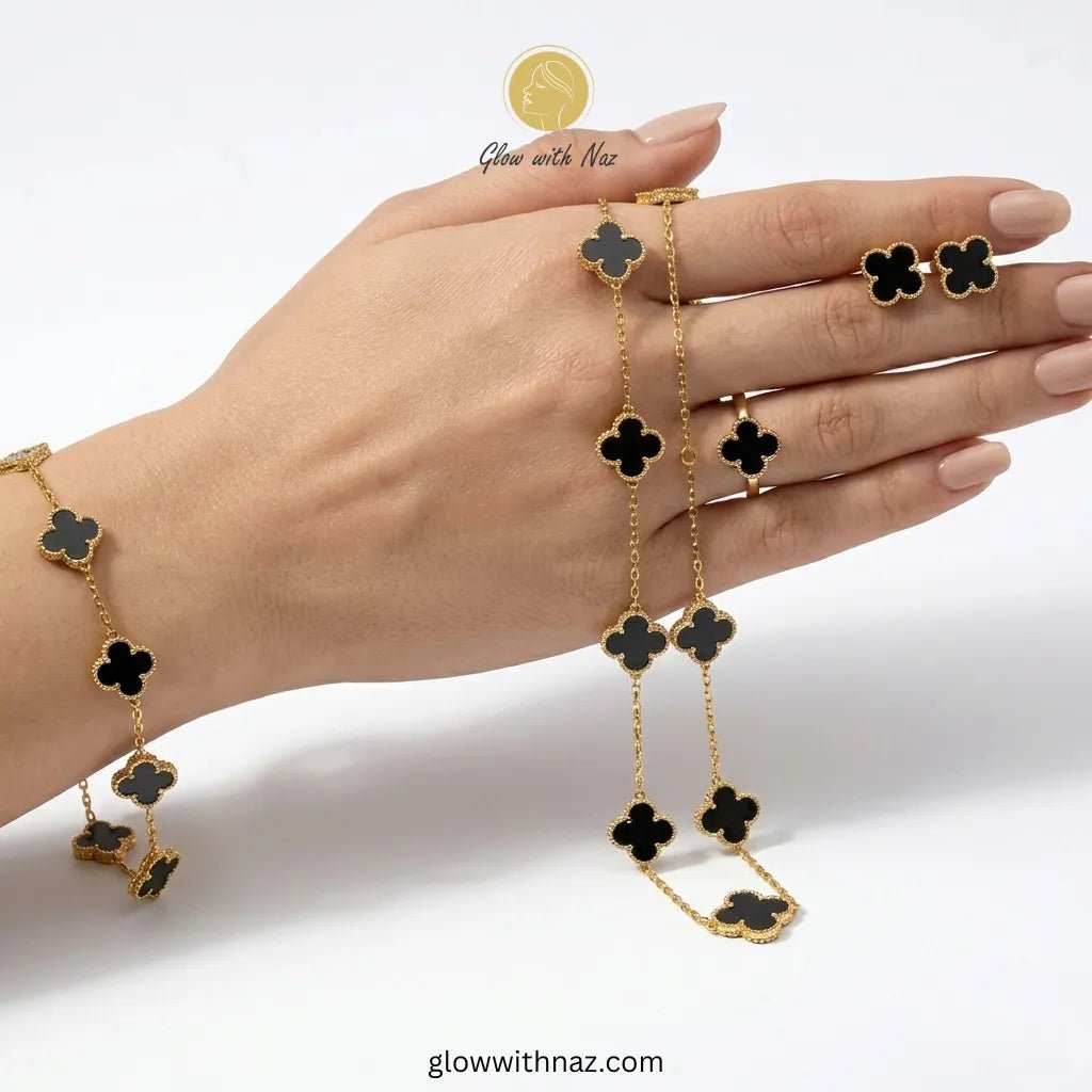 Royal Clover 4-Piece Complete Black Clover Stainless Steel Jewelry Set - Royal Clover 4-Piece Complete Black Clover Stainless Steel Jewelry SetJewelryGlow with NazGlow With NazN-N001N-N001Premium Black Clover Necklace and Earring Set necklace, pendant necklace, necklace set, locket set, simple necklace, pendant set, pendant, chain necklace, diamond pendant, diamond necklace, locket necklace, neck chain, girls locket, heart locket, pendant for girls, necklace for girls, heart necklace, locket for