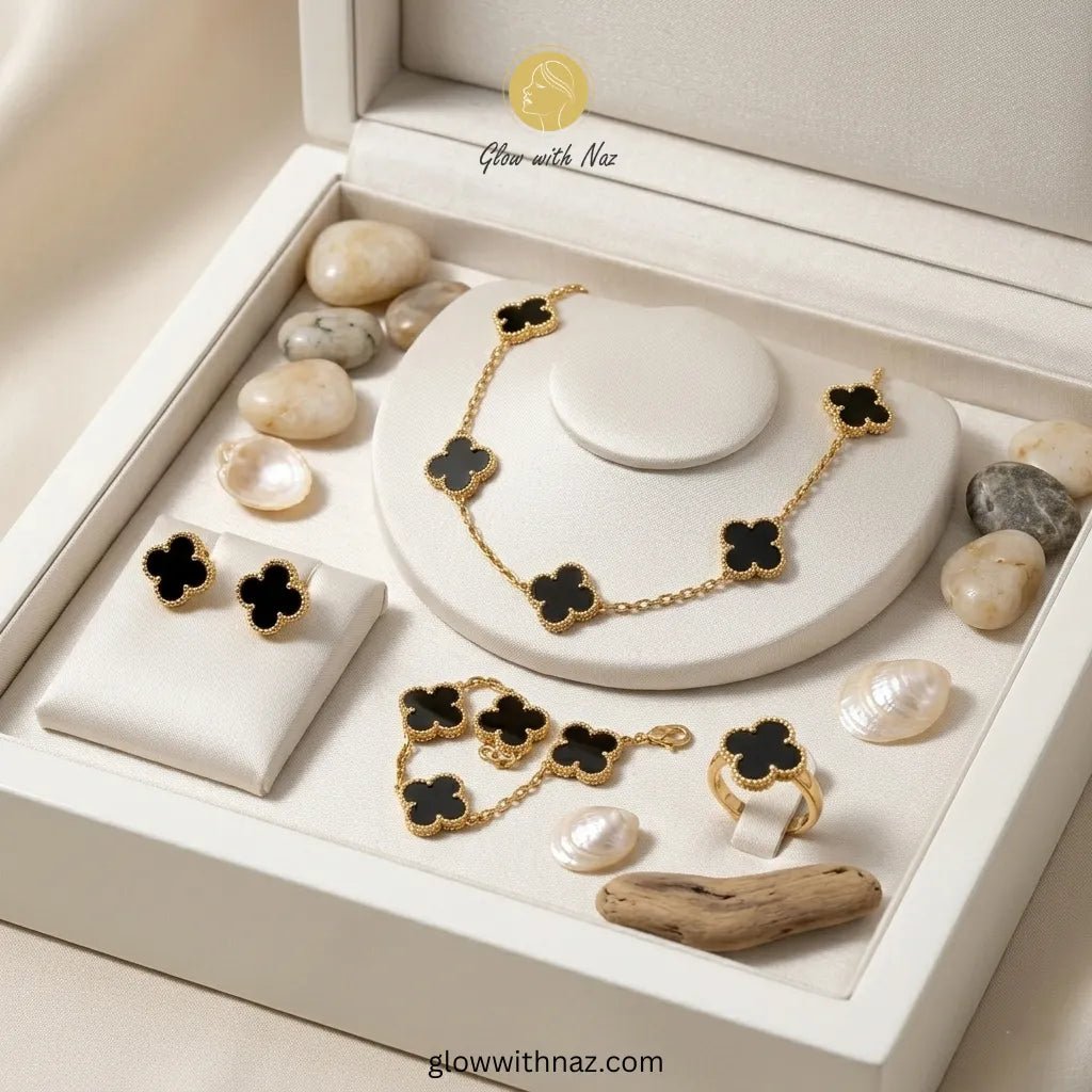 Royal Clover 4-Piece Complete Black Clover Stainless Steel Jewelry Set - Royal Clover 4-Piece Complete Black Clover Stainless Steel Jewelry SetJewelryGlow with NazGlow With NazN-N001N-N001This 4-piece stainless steel set includes a necklace, bracelet, earrings, and ring, showcasing timeless black clover elegance. necklace, pendant necklace, necklace set, locket set, simple necklace, pendant set, pendant, chain necklace, diamond pendant, diamond necklace, locket necklace, neck chain, girls locket