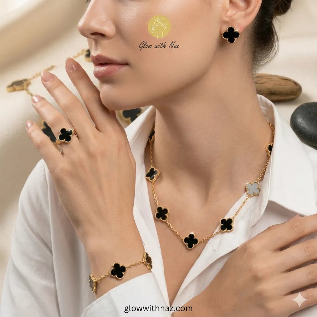 Royal Clover 4-Piece Complete Black Clover Stainless Steel Jewelry Set - Royal Clover 4-Piece Complete Black Clover Stainless Steel Jewelry SetJewelryGlow with NazGlow With NazN-N001N-N001Our signature 4-piece stainless steel black clover set displayed beautifully on professional photography fabric. necklace, pendant necklace, necklace set, locket set, simple necklace, pendant set, pendant, chain necklace, diamond pendant, diamond necklace, locket necklace, neck chain, girls locket, heart locket