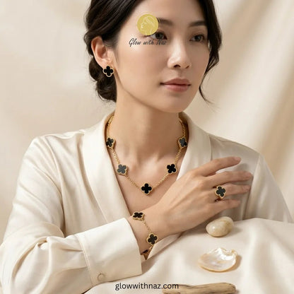 Royal Clover 4-Piece Complete Black Clover Stainless Steel Jewelry Set - Royal Clover 4-Piece Complete Black Clover Stainless Steel Jewelry SetJewelryGlow with NazGlow With NazN-N001N-N001Signature Clover Minimalist Stainless Steel Set necklace, pendant necklace, necklace set, locket set, simple necklace, pendant set, pendant, chain necklace, diamond pendant, diamond necklace, locket necklace, neck chain, girls locket, heart locket, pendant for girls, necklace for girls, heart necklace, locket f