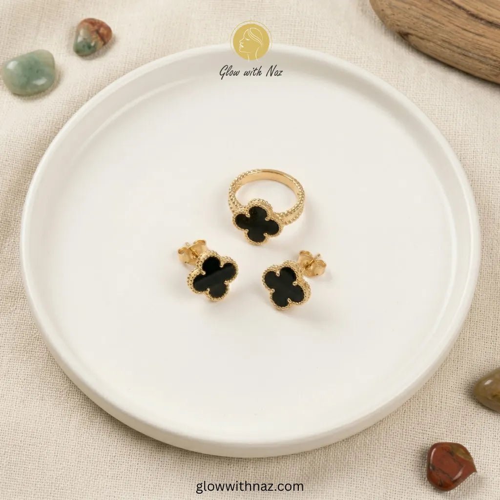 Royal Clover 4-Piece Complete Black Clover Stainless Steel Jewelry Set - Royal Clover 4-Piece Complete Black Clover Stainless Steel Jewelry SetJewelryGlow with NazGlow With NazN-N001N-N001Elite Gold-Tone Stainless Steel Clover Collection necklace, pendant necklace, necklace set, locket set, simple necklace, pendant set, pendant, chain necklace, diamond pendant, diamond necklace, locket necklace, neck chain, girls locket, heart locket, pendant for girls, necklace for girls, heart necklace, locket