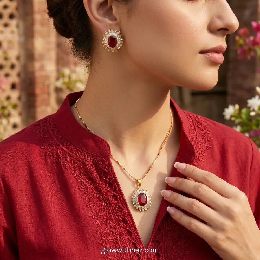 Royal Elegance Ruby Red Zircon & Crystal Jewelry Set - Royal Elegance Ruby Red Zircon & Crystal Jewelry SetGlow With NazGlow With NazN0040Classic ruby red halo pendant necklace and earring set by Glow with Naz necklace, pendant necklace, necklace set, locket set, simple necklace, pendant set, pendant, chain necklace, diamond pendant, diamond necklace, locket necklace, neck chain, girls locket, heart locket, pendant for girls, necklace for girls, heart necklace, locket for girls, diamond locket, 