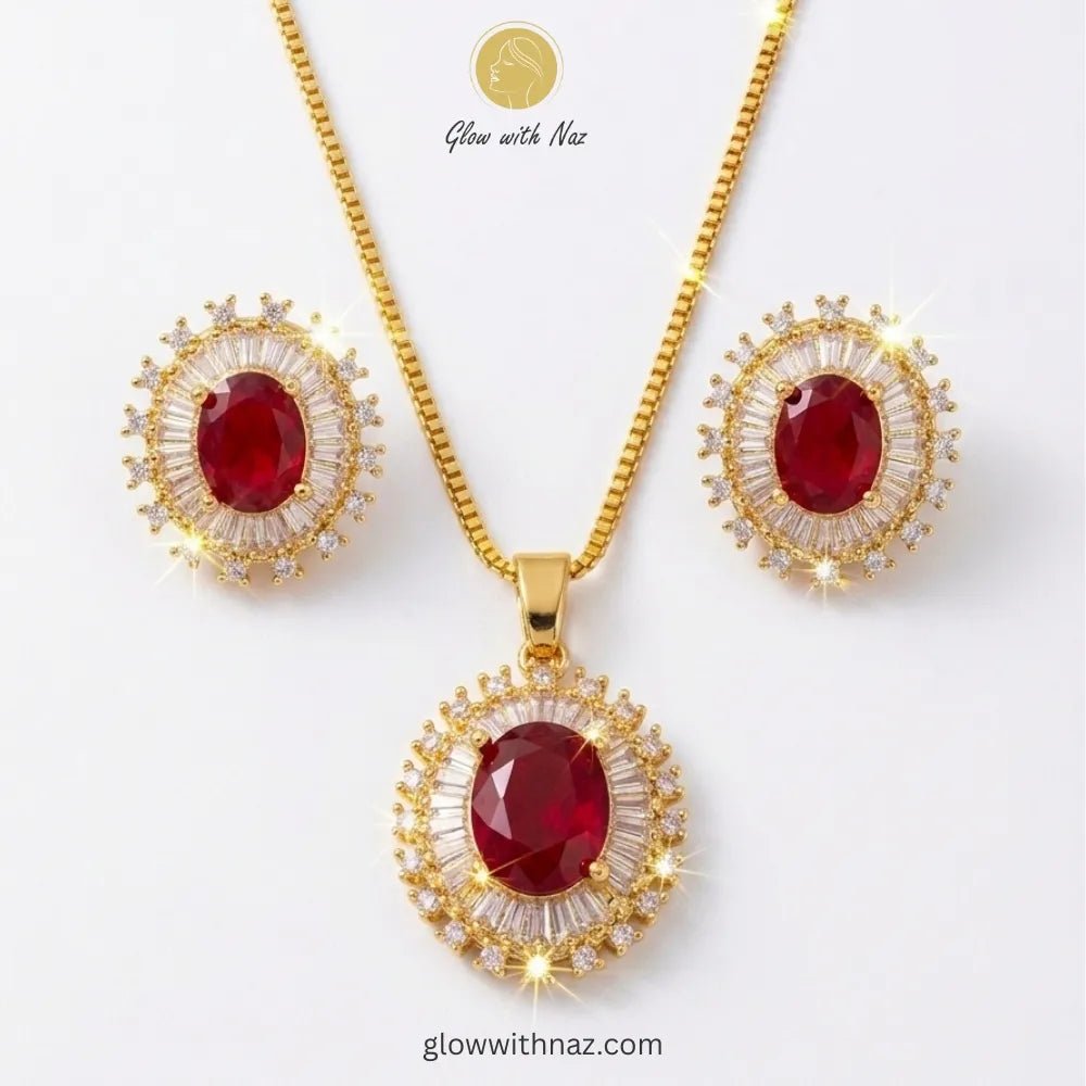Royal Elegance Ruby Red Zircon & Crystal Jewelry Set - Royal Elegance Ruby Red Zircon & Crystal Jewelry SetGlow With NazGlow With NazN0040Classic ruby red halo pendant necklace and earring set by Glow with Naz necklace, pendant necklace, necklace set, locket set, simple necklace, pendant set, pendant, chain necklace, diamond pendant, diamond necklace, locket necklace, neck chain, girls locket, heart locket, pendant for girls, necklace for girls, heart necklace, locket for girls, diamond locket, 