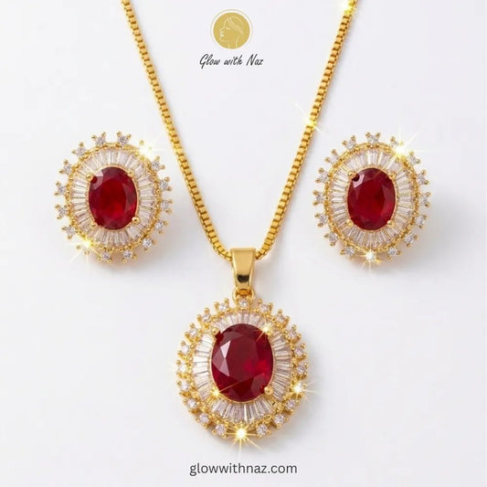 Royal Elegance Ruby Red Zircon & Crystal Jewelry Set - Royal Elegance Ruby Red Zircon & Crystal Jewelry SetGlow With NazGlow With NazN0040Classic ruby red halo pendant necklace and earring set by Glow with Naz necklace, pendant necklace, necklace set, locket set, simple necklace, pendant set, pendant, chain necklace, diamond pendant, diamond necklace, locket necklace, neck chain, girls locket, heart locket, pendant for girls, necklace for girls, heart necklace, locket for girls, diamond locket, 