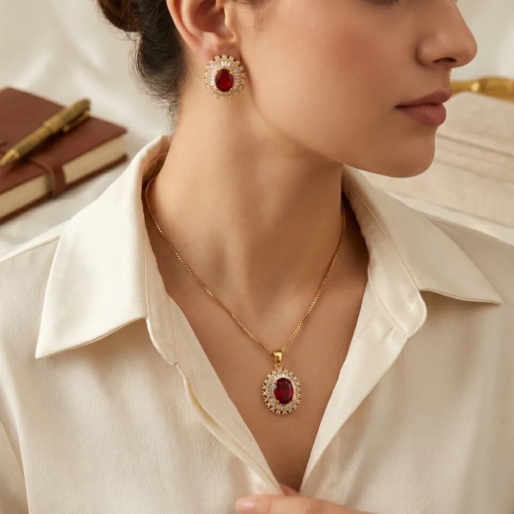 Royal Elegance Ruby Red Zircon & Crystal Jewelry Set - Royal Elegance Ruby Red Zircon & Crystal Jewelry SetGlow With NazGlow With NazN0040Classic ruby red halo pendant necklace and earring set by Glow with Naz necklace, pendant necklace, necklace set, locket set, simple necklace, pendant set, pendant, chain necklace, diamond pendant, diamond necklace, locket necklace, neck chain, girls locket, heart locket, pendant for girls, necklace for girls, heart necklace, locket for girls, diamond locket, 