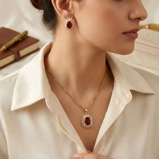 Royal Elegance Ruby Red Zircon & Crystal Jewelry Set - Royal Elegance Ruby Red Zircon & Crystal Jewelry SetGlow With NazGlow With NazN0040Classic ruby red halo pendant necklace and earring set by Glow with Naz necklace, pendant necklace, necklace set, locket set, simple necklace, pendant set, pendant, chain necklace, diamond pendant, diamond necklace, locket necklace, neck chain, girls locket, heart locket, pendant for girls, necklace for girls, heart necklace, locket for girls, diamond locket, 