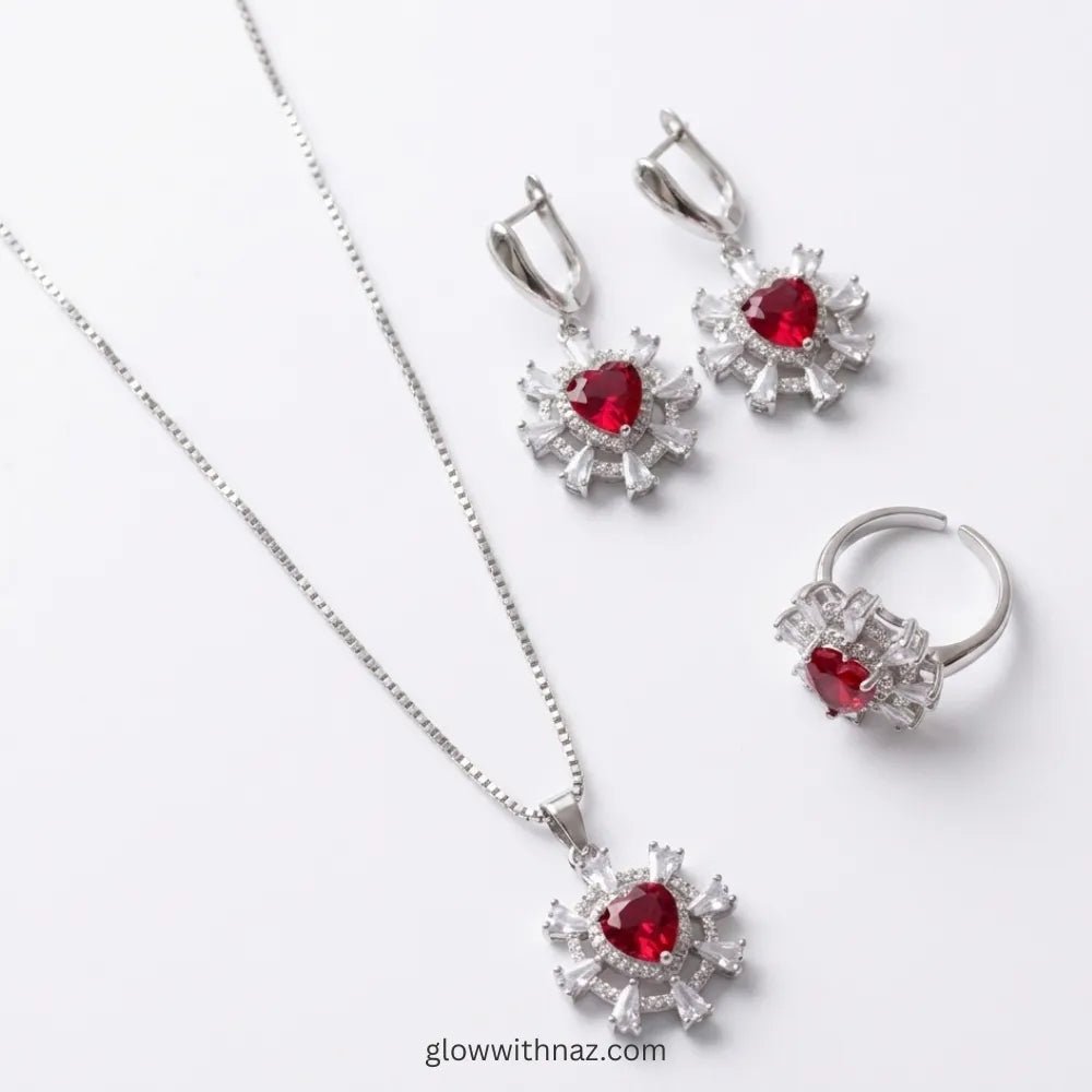 Silver Ruby Red Heart Pendant Necklace, Ring & Earring Set - Silver Ruby Red Heart Pendant Necklace, Ring & Earring SetJewelryGlow With NazGlow With NazN-N027N-N027Silver Ruby Red Heart Jewelry Set necklace, pendant necklace, necklace set, locket set, simple necklace, pendant set, pendant, chain necklace, diamond pendant, diamond necklace, locket necklace, neck chain, girls locket, heart locket, pendant for girls, necklace for girls, heart necklace, locket for girls, diamond locket, pendant neck