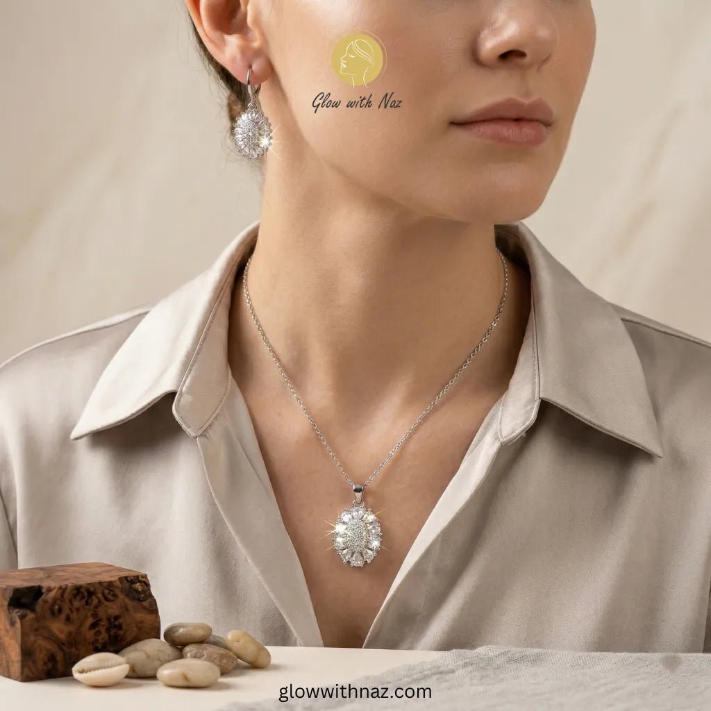 Silver Zircon Necklace Pendant & Hoop Earrings Set - Silver Zircon Necklace Pendant & Hoop Earrings SetJewelryGlow With NazGlow With NazN-N013N-N013Zircon Silver Zircon Necklace Pendant & Hoop Earrings Set
