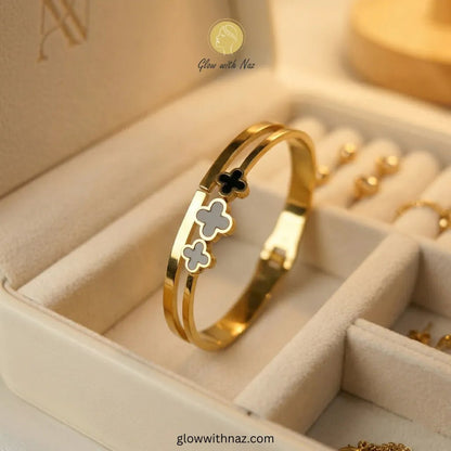 Stainless Steel 3 Black Clover Gold Plated Hand Cuff Bracelet - Stainless Steel 3 Black Clover Gold Plated Hand Cuff BraceletJewelryGlow with NazGlow With NazN-B004N-B004Stainless Steel 3 Black Clover Gold Plated Hand Cuff Bracelet