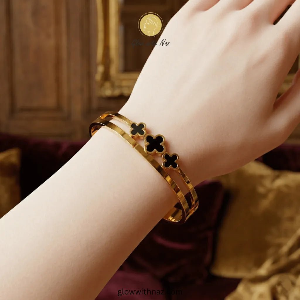 Stainless Steel 3 Black Clover Gold Plated Hand Cuff Bracelet - Stainless Steel 3 Black Clover Gold Plated Hand Cuff BraceletJewelryGlow with NazGlow With NazN-B004N-B004Stainless Steel 3 Black Clover Gold Plated Hand Cuff Bracelet