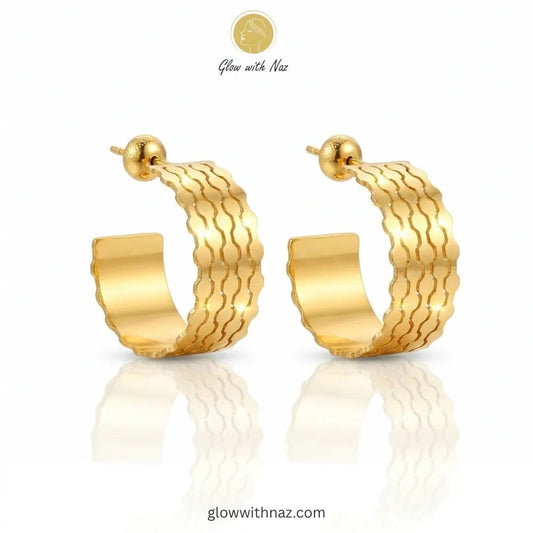 Textured Wave Stainless Steel Hoop Earrings for Girls - Textured Wave Stainless Steel Hoop Earrings for GirlsJewelryGlow With NazGlow With NazE021E021Front view of polished gold wave-textured hoops for casual or formal wear