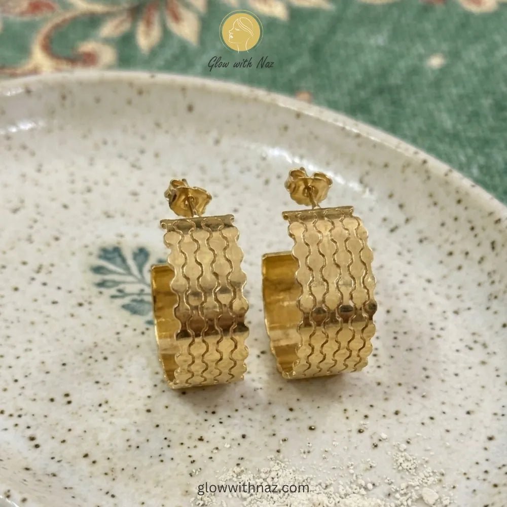 Textured Wave Stainless Steel Hoop Earrings for Girls - Textured Wave Stainless Steel Hoop Earrings for GirlsJewelryGlow With NazGlow With NazE021E021Pair of elegant gold-tone open hoop earrings with a detailed layered wave texture