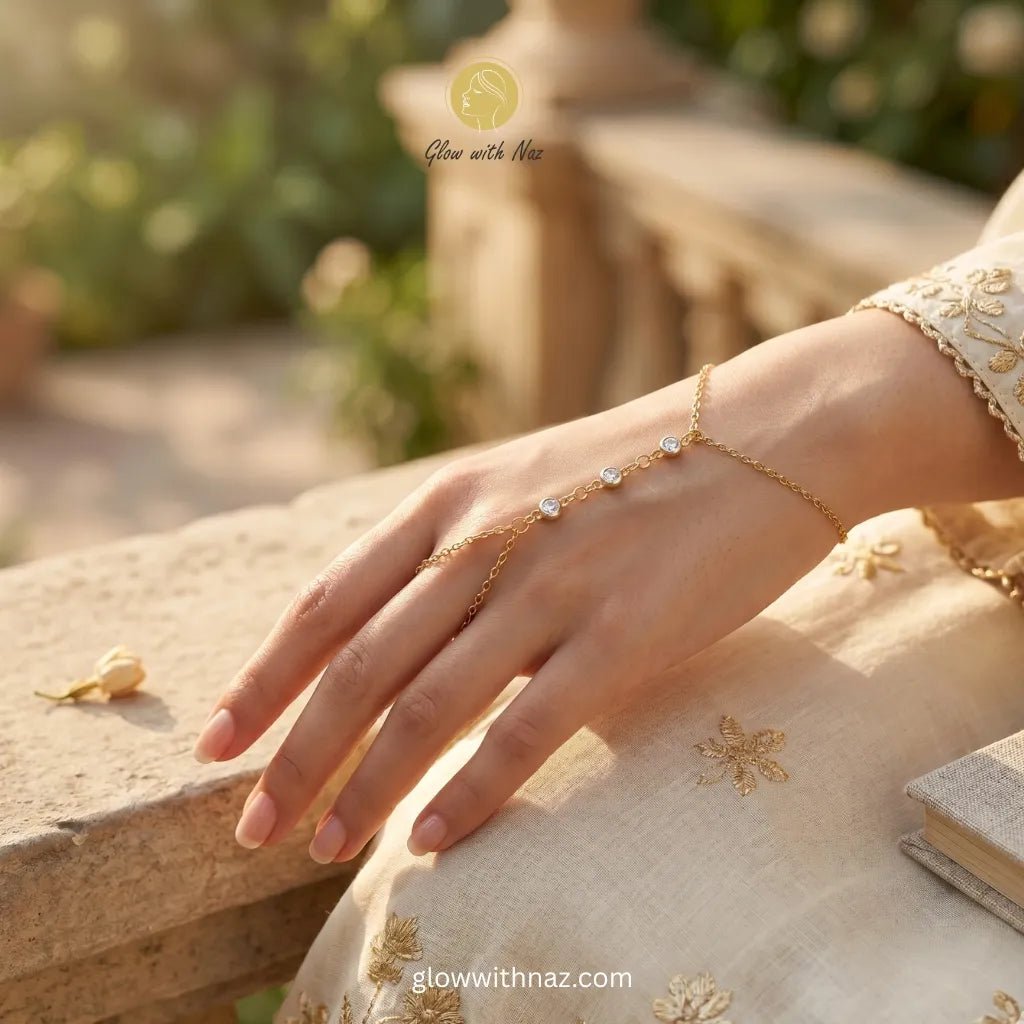 Waterproof 18k Gold Plated Haath Phool Crystal Hand Chain Bracelet - Waterproof 18k Gold Plated Haath Phool Crystal Hand Chain BraceletJewelryGlow With NazGlow With NazN-B022N-B022Waterproof 18k Gold Plated Haath Phool Crystal Hand Chain Bracelet, ring, girls rings, rings for girls, rings simple, simple rings, stainless steel jewelry, jewellery set, aesthetic jewelry, simple jewellery, chain, jewelry, artificial jewellery, green jewellery, girls jewellery, rings for women, black ring, flower jewellery, chai