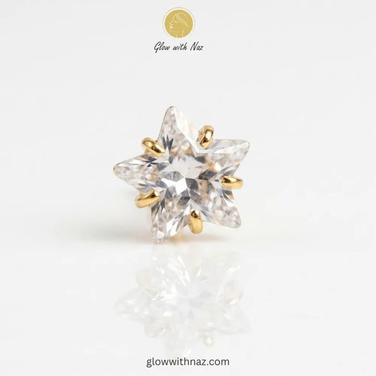Zircon Stainless Steel Gold Star Zircon Nose Pin - Zircon Stainless Steel Gold Star Zircon Nose PinJewelryGlow With NazGlow With NazNR003NR003old star-cut zircon stainless steel nose pin in six-prong setting, anti-tarnish diamond style nose stud available online in Pakistan by Glow with Naz